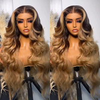 Perruque Lace Front Ondulée 3D Ombrée Blond Miel Racines Foncées, 100% Cheveux Humains, Sans Colle, Lace Transparente Colorée
