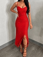 Robe de soirée longue personnalisée pour femme, à paillettes, froncée, col drapé, volants et fente, usine OEM ODM
