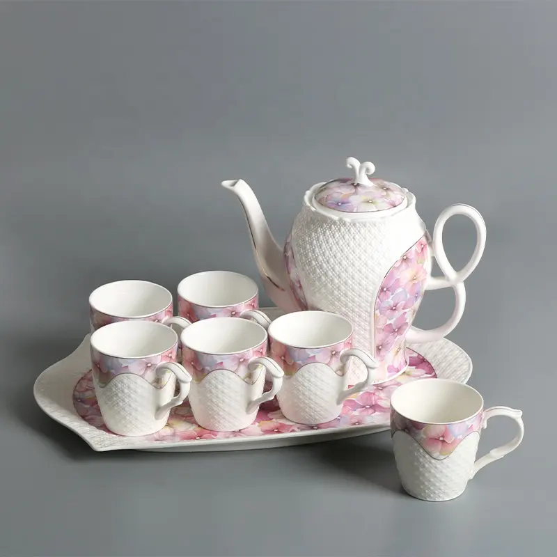 Pink Flower Emboss Exquisite Design Luxury Customize Design Gift Wedding Coffee Cup Tea Pot Sets Ceramic Cup Saucers