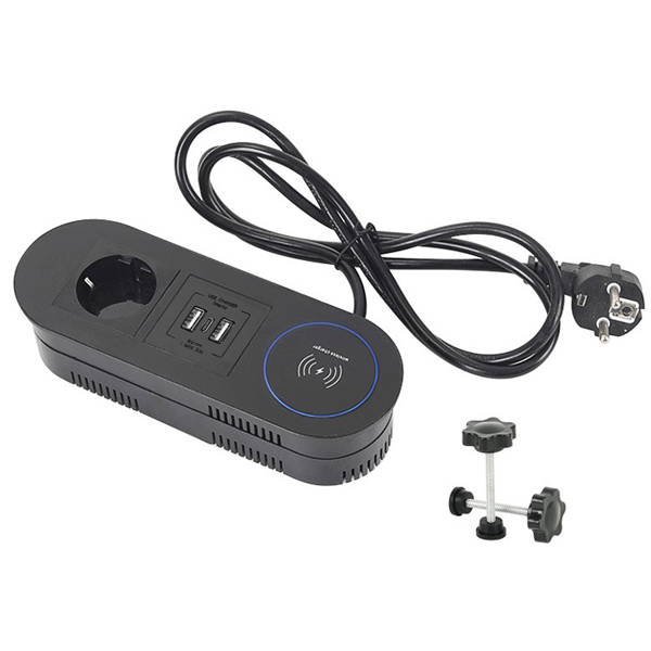 Schuko Power Outlets USB-A Quick Charger Type-C Charging 5V 3.1A Embedded Desktop Socket Power Strip with Wireless Charging