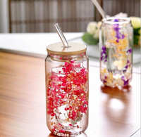 Mug en verre borosilicate soufflé à la main à double paroi avec intercouche de fleurs séchées, résistant à la chaleur, capacité 300 ml pour café et boissons froides