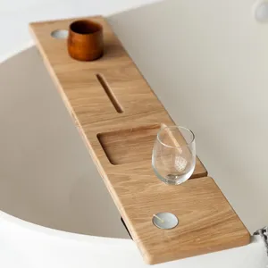 JUNJI Handmade Wholesale Home Bathroom Accessories Wood Bathtub Tray Rustic Bath Board Bath Caddy Tray
