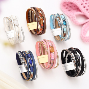 Cross-border Bohemian-style multi-layer vintage PU leather and cowhide <b>bracelet</b> with <b>crystal</b> accents and magnetic clasp - Product Image 1