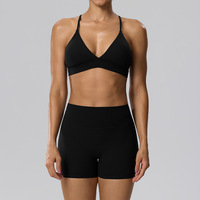 Set Yoga 2 Potong Wanita dengan Logo Custom, Bra Olahraga V-Neck dan Set Celana Pendek Biker Pinggang Tinggi, Bahan Stretch 4 Arah, Cocok untuk Olahraga