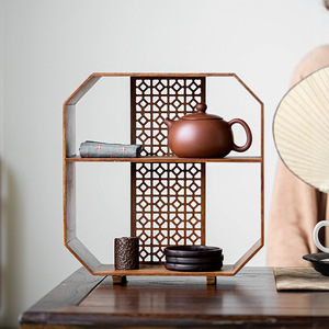 Tea Display Rack Wood Octagonal Shelf For Teapot <b>Teacups</b> Storage Asian Style Desktop Organizer - Product Image 1