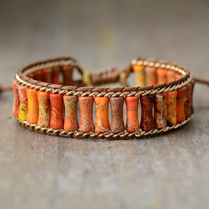 Bracelet tressé en perles d'agate orange beige, bijoux unisexes, faits à la main, style bohème - Product Image 1