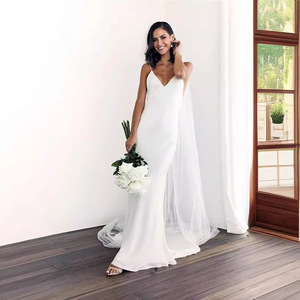 <b>Spaghetti</b> <b>Strap</b> V Neck Backless Sheath Wedding Dress White Crepe Fishtail Long Gown For Women - Product Image 3