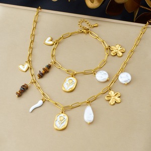 Elegant Gold Tone Necklace And <b>Bracelet</b> <b>Set</b> With Pearl Flower Heart Charms For Women Everyday Wear - Product Image 1