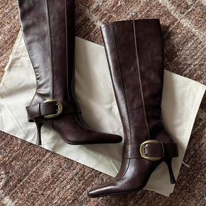 Botas Women's Pointed Toe <b>Knee</b> High Boots Stiletto Heel Buckle <b>Strap</b> Leather Dress Boots - Product Image 3