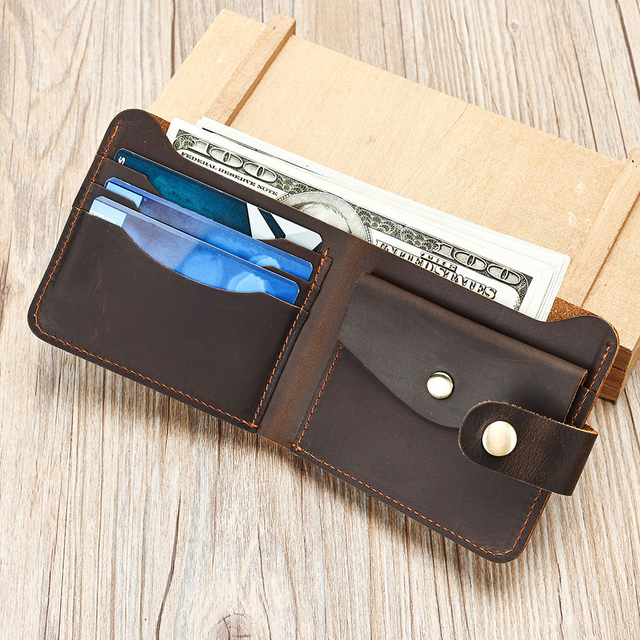 Vintage Brown Men's Genuine Leather Card Holder Wallet with Button Closure Short Front Pocket Coin Purse