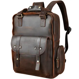 OEM Vintage Men Leisure Original Brown Cowskin Back Pack Knapsack Genuine Leather Backpack Real Leather