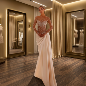 Sophisticated Satin Short Sleeve Eco-Friendly Anti-Static Vintage Prom Dress Crystal <b>Glittering</b> Embroidery Sheer Panels Pattern - Product Image 3