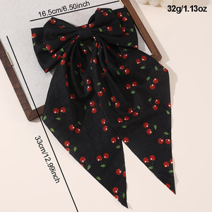 New Girls Elegant Oversized <b>Bow</b> Long Ribbon Fabric Alloy Hair <b>Clip</b> Sweet Handmade Cherry Print Spring Wedding Hair Accessory - Product Image 3