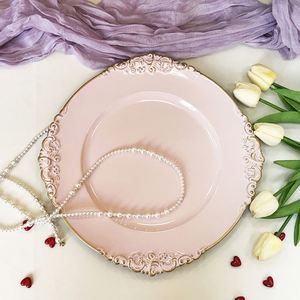 Assiettes de présentation rondes modernes en plastique, 13 pouces, rose et or, pour décoration de mariage, motif floral, vente en gros, pas cher - Product Image 4