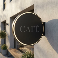 Enseigne lumineuse LED ronde moderne noire mate, double face, à projection circulaire pour extérieur, idéale pour café, boutique ou devanture de magasin