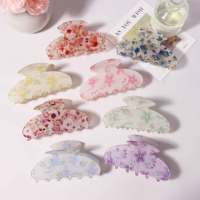 Pince à cheveux esthétique 9 cm en acrylique à imprimé floral, avec poignée en résine brillante, design coquille, confortable, incassable, pour femme, idéale pour les fêtes, en carton