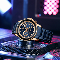 Montre chronographe à quartz pour homme, trois sous-cadrans, fenêtre de date, cadran noir, index en or rose, bracelet en acier, sport