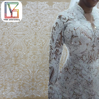 Tissu en Tulle Brodé de Perles Lourdes et de Paillettes de Haute Qualité pour Robes de Mariée Blanches – Tissu en Maille Brodé de Perles et de Paillettes pour Robes de Mariée de Luxe