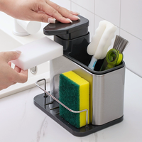 Distributeur de savon double multifonctionnel pour cuisine, support éponge 3-en-1, en acier inoxydable, antirouille, sur pied, pour évier - Stock disponible pour dropshipping