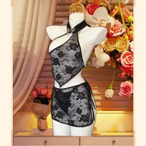 Golden Shuttle Woven Lingerie <b>Stand</b> Collar Halter Neck Lace Set 8107 Women Sexy Hipster Mid Rise <b>Night</b> Banquet Black - Product Image 3