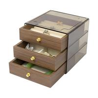 Organisateur de bijoux de luxe multicouche avec finition grain de bois, boutons dorés et boîte de rangement transparente pour cadeaux en gros