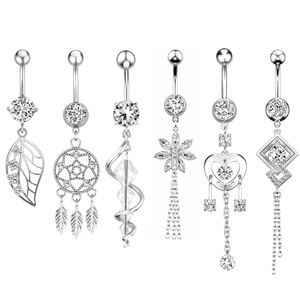 Bộ 10 giấc mơ bắt hình chữ S hạt Zircon vòng bụng với chuỗi Thép không gỉ dangle Navel vòng cơ thể đồ trang sức cho đám cưới - Product Image 1