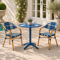 Fauteuil de bistrot français moderne et durable pour l'extérieur, bleu et blanc, en rotin PE tressé, avec structure en aluminium, pour restaurant, cour, jardin, balcon