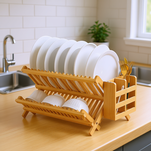 Escurridor de Platos Plegable de Bambú de Dos Niveles, Organizador de Encimera, Porta Utensilios para Almacenamiento en la Cocina, Espacios Pequeños - Product Image 2