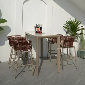 야외 테이블과 의자 세트 실내 바 테이블 회전 가능한 높은 다리 바 의자 현대 단단한 나무 밧줄 짠 등받이 의자