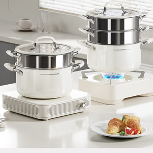 Three Layer Stainless Steel <b>Steamer</b> 304 Food Grade Gas Stove Use Household Steam Pot Double Handle - Product Image 1