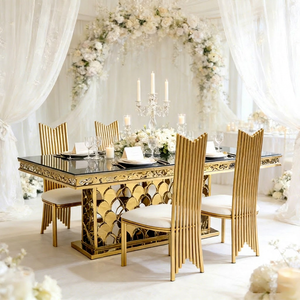 Juego de Mesa de Comedor de Lujo con Tapa de Cristal y Base de Escamas de Pescado Doradas, 6 Sillas, Moderno, para Exteriores, Hotel, Restaurante - Product Image 1