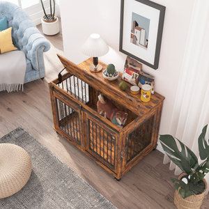 İki yavru için bölüm ile sürgülü kapı köpek kafesi, rustik kahverengi, 39.37 ''W X 25.20'' D X 28.94 ''H - Product Image 2