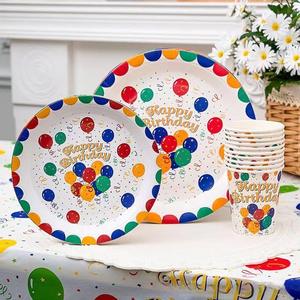 Fête d'anniversaire pour enfants - Assiettes en papier, gobelets en papier, pailles, couteaux, fourchettes, cuillères - Fournitures de décoration de fête, ensemble de vaisselle - Product Image 2