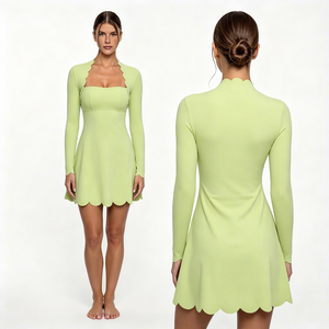 Conjunto de Tenis OEM para <span class=keywords><strong>Mujer</strong></span>, Manga Larga, Cuello Cuadrado con Volantes, Falda Ajustada con Relleno Antichoque, Nailon y Spandex, para Golf, Yoga y Gimnasio - Product Image 1