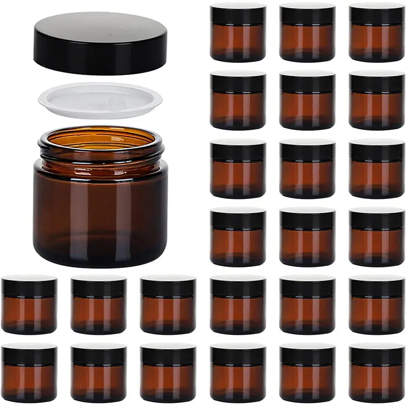 Botol kosmetik kosong kaca Amber 2oz bersegel bulat dengan Dalaman dan tutup hitam untuk Losion bubuk dan salep