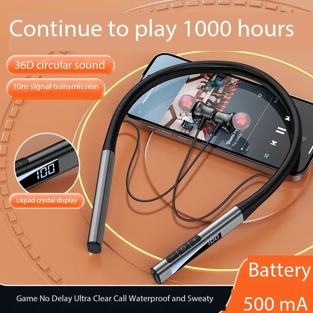 2024 Sports Magnetic Wireless Neckband Headphones True Wireless Led Display Waterproof Gaming Headset Long Lasting 100 Hours
