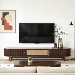 Meuble TV et meuble multimédia en bois massif <span class=keywords><strong>de</strong></span> frêne et rotin, design minimaliste, style mid-century modern, Wabi-Sabi, pour la maison, le salon, l'hôtel. - Product Image 1