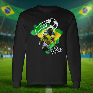 Camiseta de Manga Larga Pele Brasil, Diseño de Jugador de Fútbol, Negra - Product Image 3