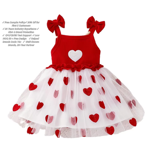 Vestito da <span class=keywords><strong>bambina</strong></span> rosso e bianco con cuore, spalline sottili, dettaglio fiocco, top a costine, gonna in tulle, grazioso abito da festa, abbigliamento per <span class=keywords><strong>bambina</strong></span> - Product Image 1