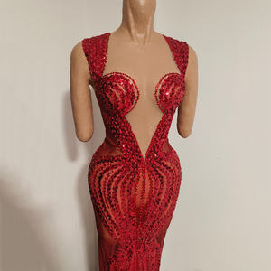 ชุดราตรีโนแวนซ์ Y5548 ประดับคริสตัลสีแดง ดีไซน์หรูหรา แต่งเลื่อมวิบวับ โปร่งใส เซ็กซี่ สำหรับผู้หญิง ใส่ไปงานปาร์ตี้ คลับ หรือกลางคืน - Product Image 4