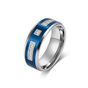 <b>Titanium</b> Steel Two Tone <b>Ring</b> With Diamond Inlay Blue Black Unisex Jewelry Gift - Product Image 5