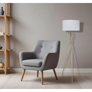 Lampada da terra HMS 65 oro e bianco con tessuto bianco ombra a tamburo E27 Base sorgente luminosa a LED per soggiorno o camera da letto - Product Image 1