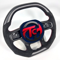 Volant en fibre de carbone pour Dodge Ram 1500 TRX 2021-2025, forme en D, fond plat, avec Alcantara suédé et surpiqûres rouges