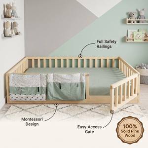 Low Profile Montessori Solid Wood Eco-Friendly Bedroom Floor Platform Kids <b>Bed</b> with Fence& Door Solid Wood Kids <b>Bed</b> - Product Image 3