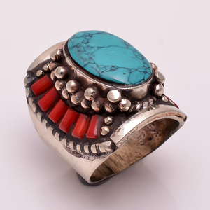 Vente en gros de bagues tibétaines classiques en argent, bijoux de style antique en corail turquoise pour femmes et filles-Cadeau pour mariages et fêtes - Product Image 3