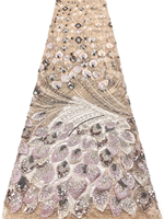 Tissu en dentelle à mailles NI.AI Olive Purple Luxury Beads Peacock Feather pour robe de mariée, occasion formelle, robe de soirée pour femmes