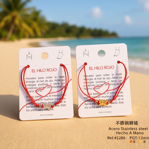 Cavigliera in acciaio inossidabile con filo rosso, amuleto per buona fortuna e protezione contro il malocchio - Product Image 3