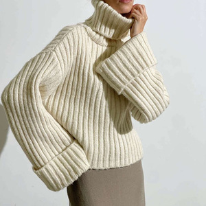 Pull côtelé à col roulé pour femme, coupe courte et ample, tricot chaud, automne hiver 2026 - Product Image 1