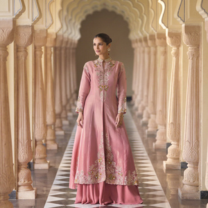 <b>Pink</b> Silk Readymade <b>Shrug</b> Suit with Beads & Embroidery Work - Product Image 1