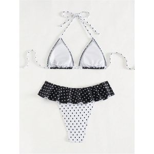 Women's 2 Piece Polka Dot <b>Bikini</b> <b>Set</b> Halter Lace Up <b>Triangle</b> Ruffled High Cut Swimsuit - Product Image 5